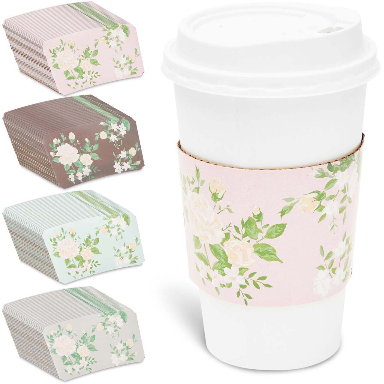 100 Pack Disposable Floral Paper Coffee Cup Sleeves, Drink Sleeves for Cups, 4 Colors (2.5 In)